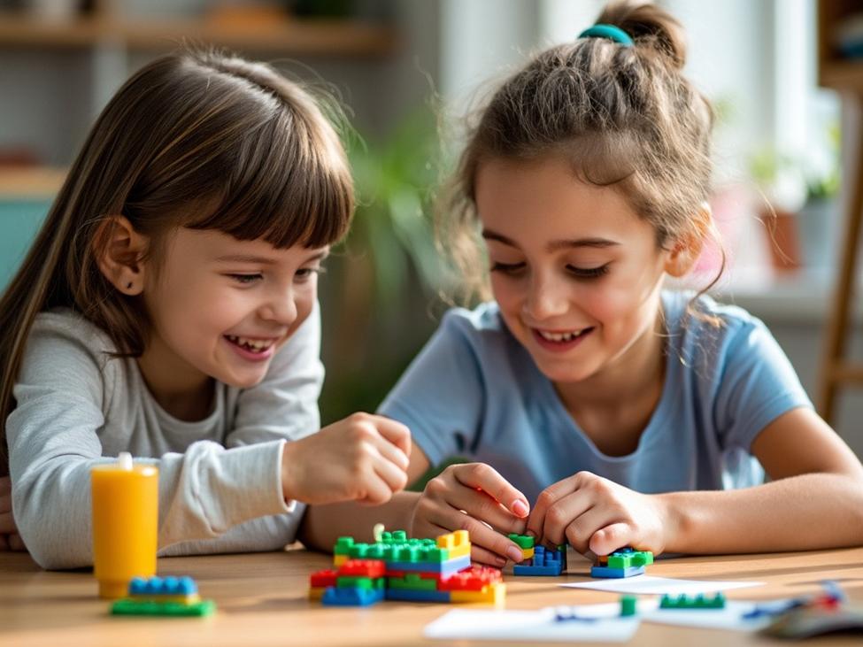 Two happy children playing with colourful building blocks.